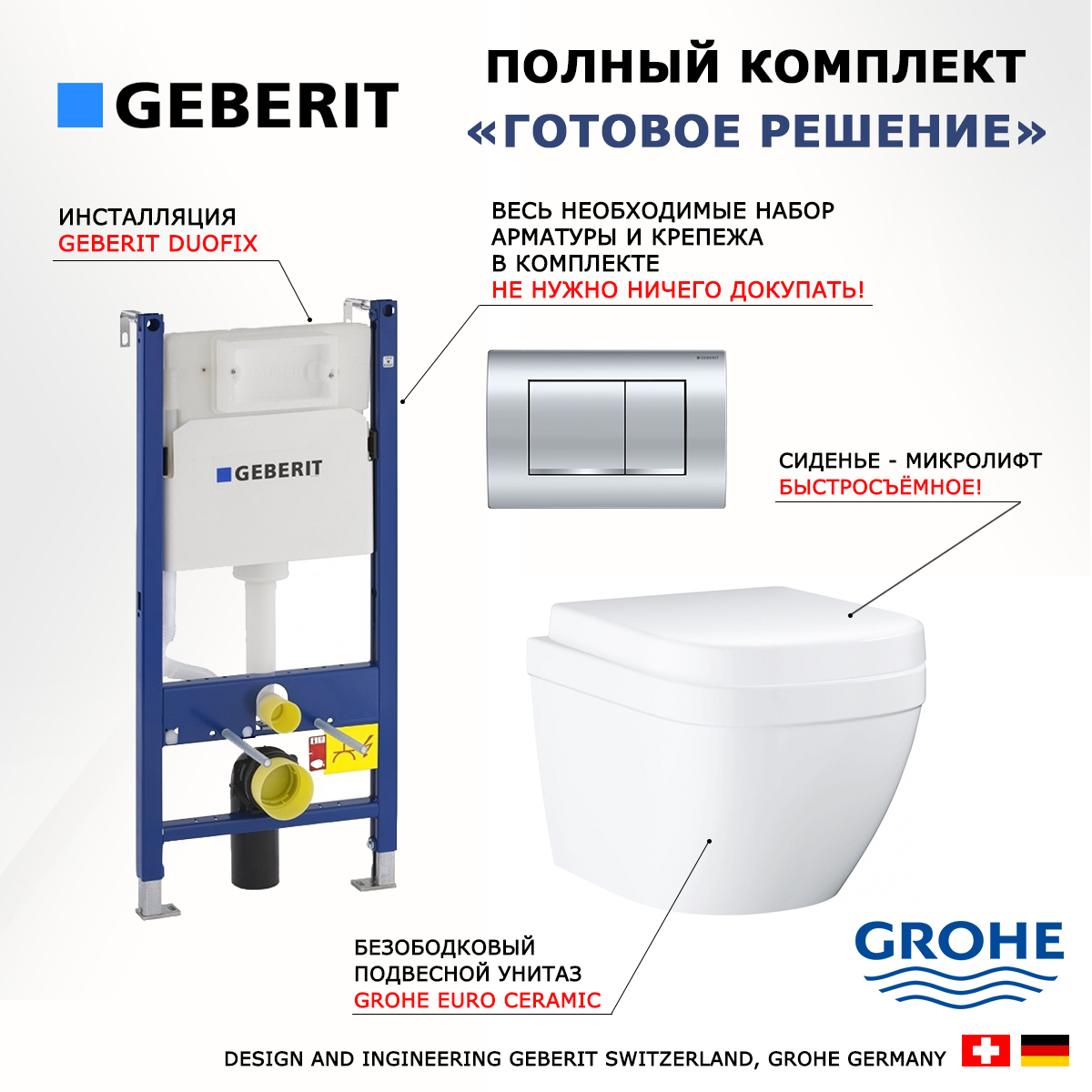 

Комплект: инсталляция Geberit Duofix + унитаз Euro Ceramic + кнопка хром