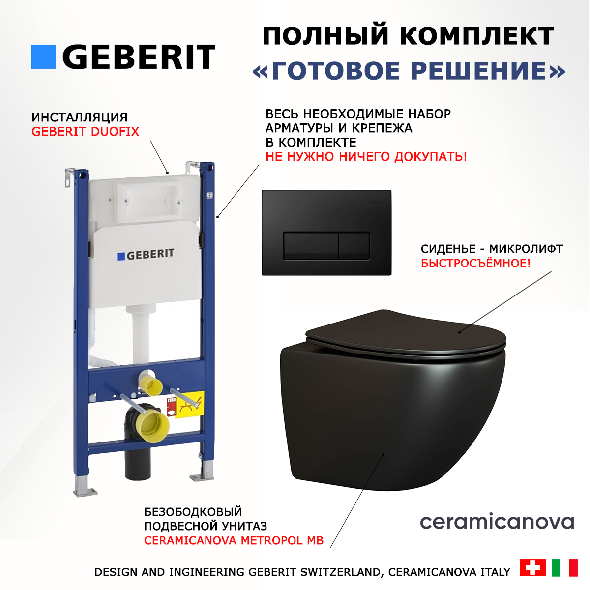 Комплект: инсталляция Geberit Duofix + унитаз Metropol + кнопка черная глянцевая, 523092