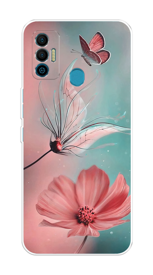 

Чехол на Tecno Spark 7 "Бабочка и цветок", Голубой;розовый, 301050-1