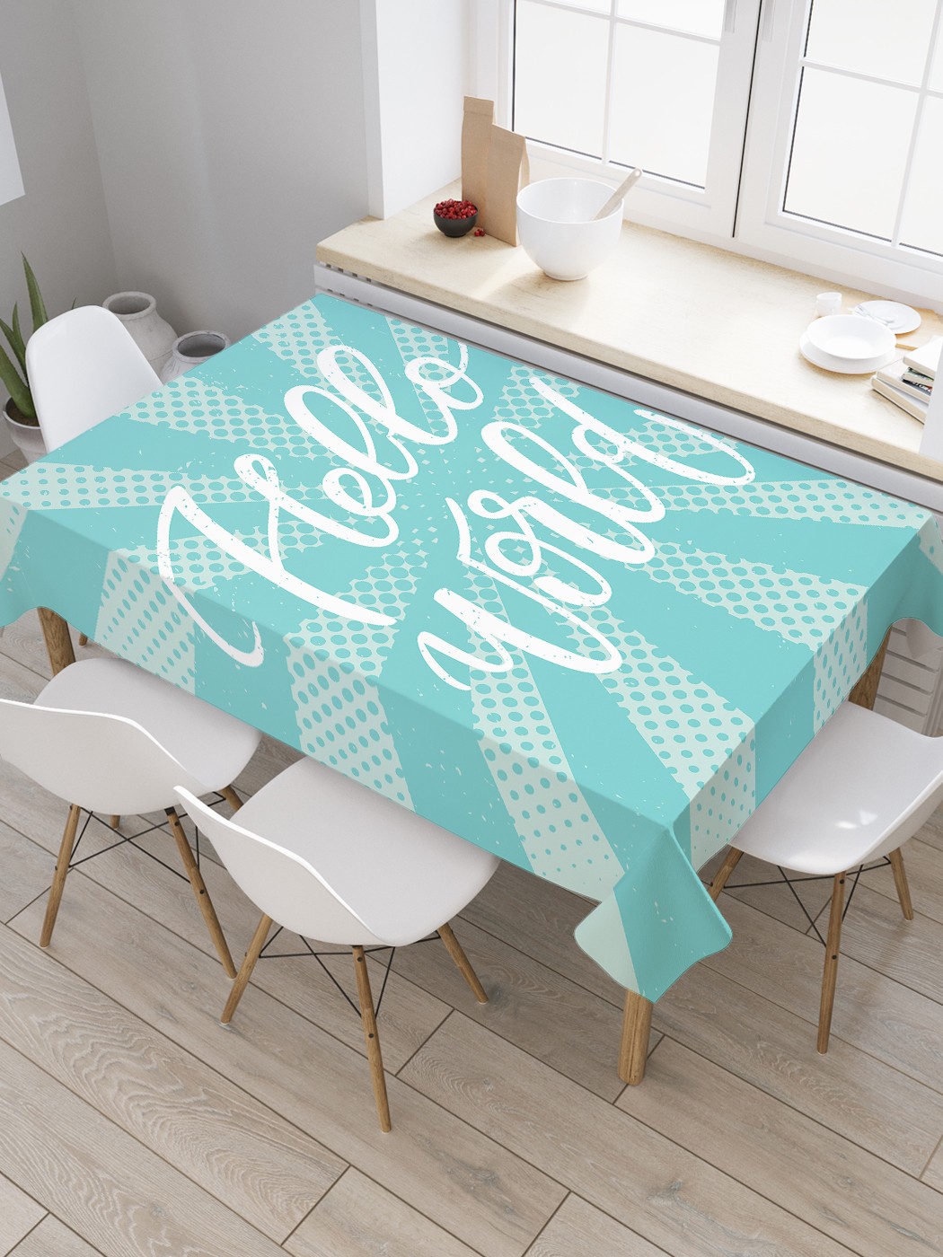 

Скатерть прямоугольная JoyArty "Приветствие поп-арт" из оксфорда, 180x145 см, Голубой, Приветствие поп-арт
