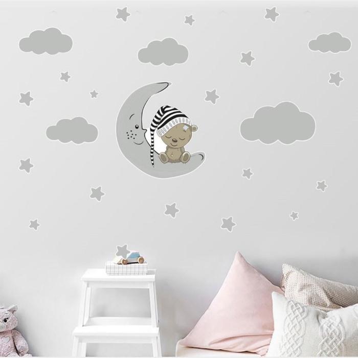 

Наклейка пластик интерьерная цветная "Мишутка на месяце в колпаке" 30х45 см набор 2 листа, Серый