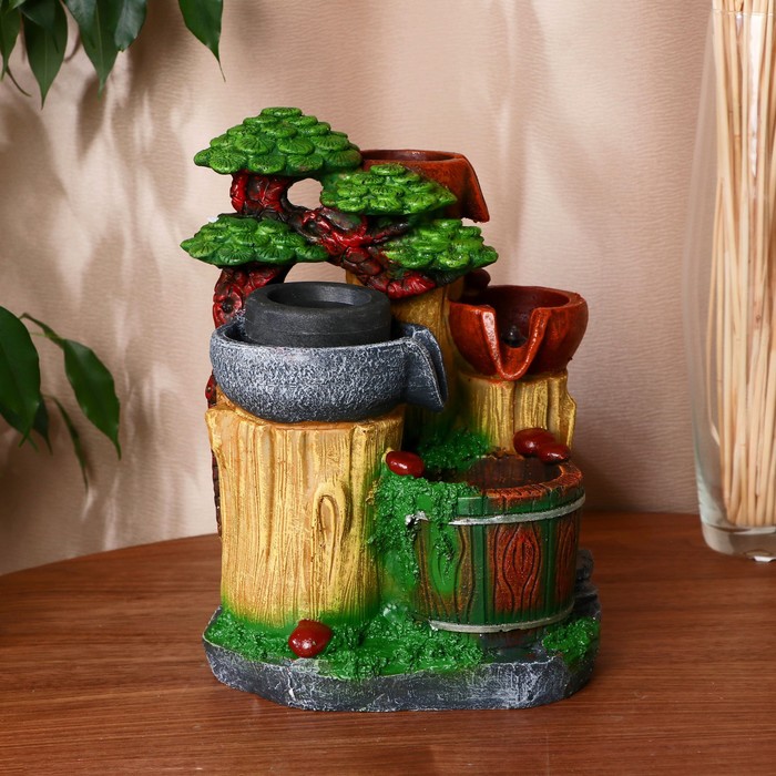 

Фонтан 'Бочки на пеньках' 20х14х27 см с подсветкой, без шарика, Бежевый;зеленый;серый