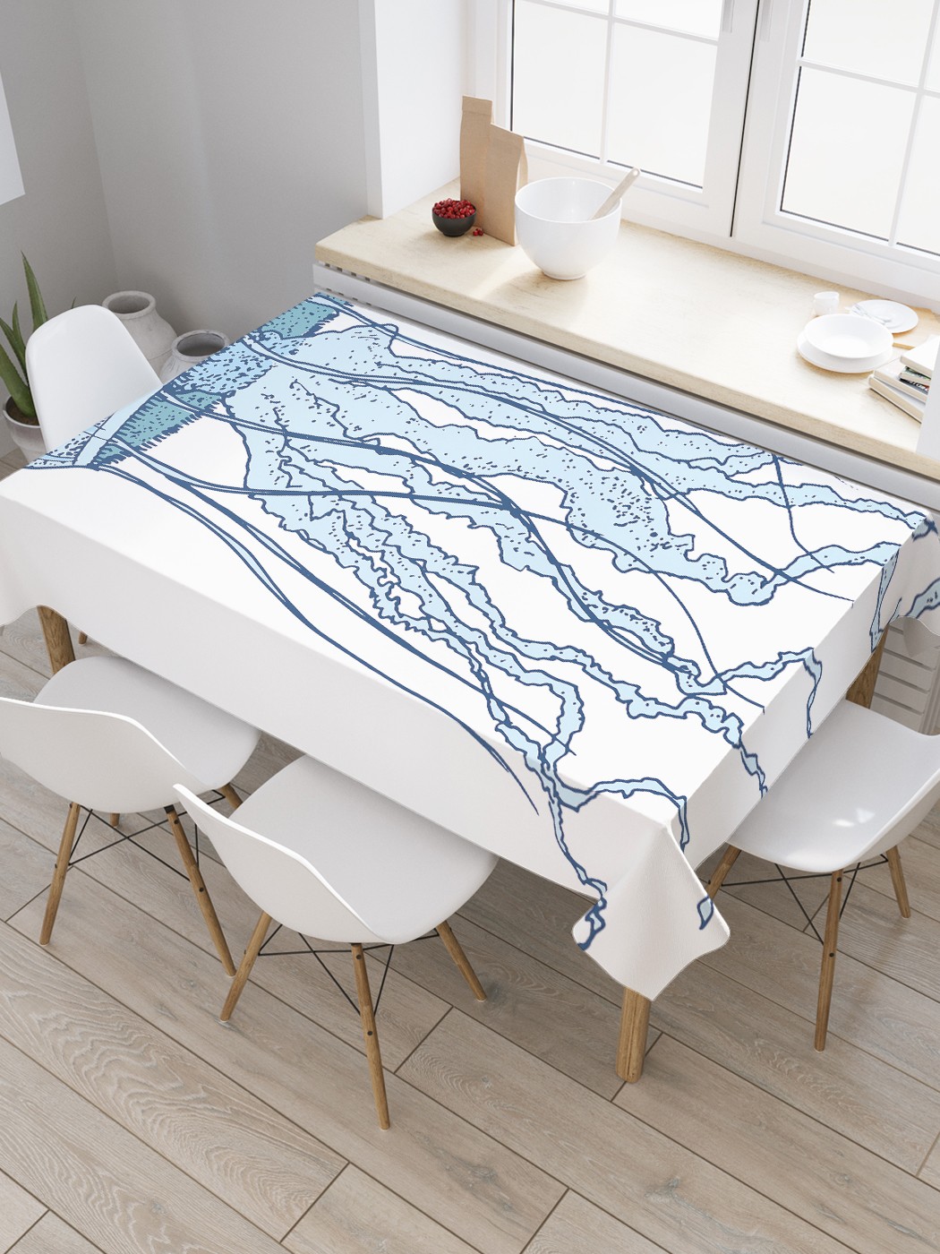 

Скатерть прямоугольная JoyArty "Футуристическая медуза" из оксфорда, 180x145 см, Голубой, Футуристическая медуза