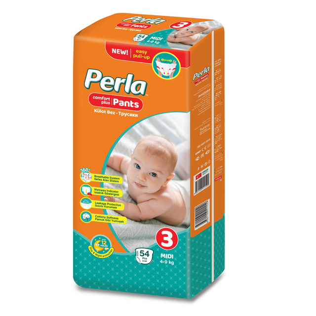 фото Детские подгузники-трусики perla pants midi для малышей 4-9 кг. 3 размер 54 шт. 96000741 perla baby