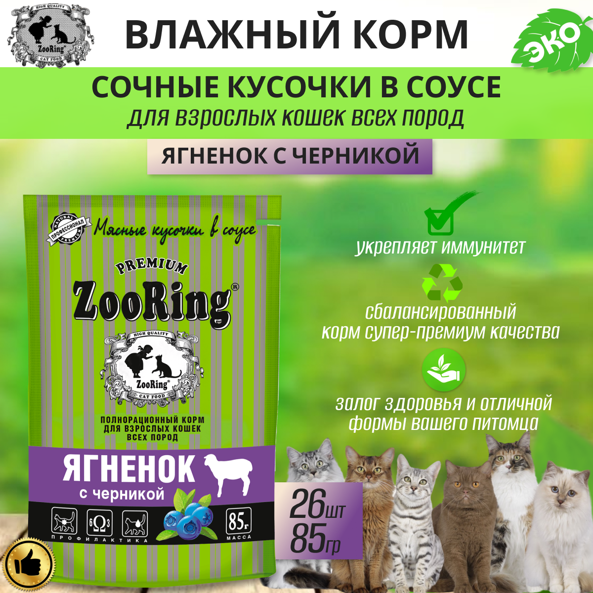 

Сочные кусочки в соусе Zooring Ягненок с черникой, 26 шт по 85 г