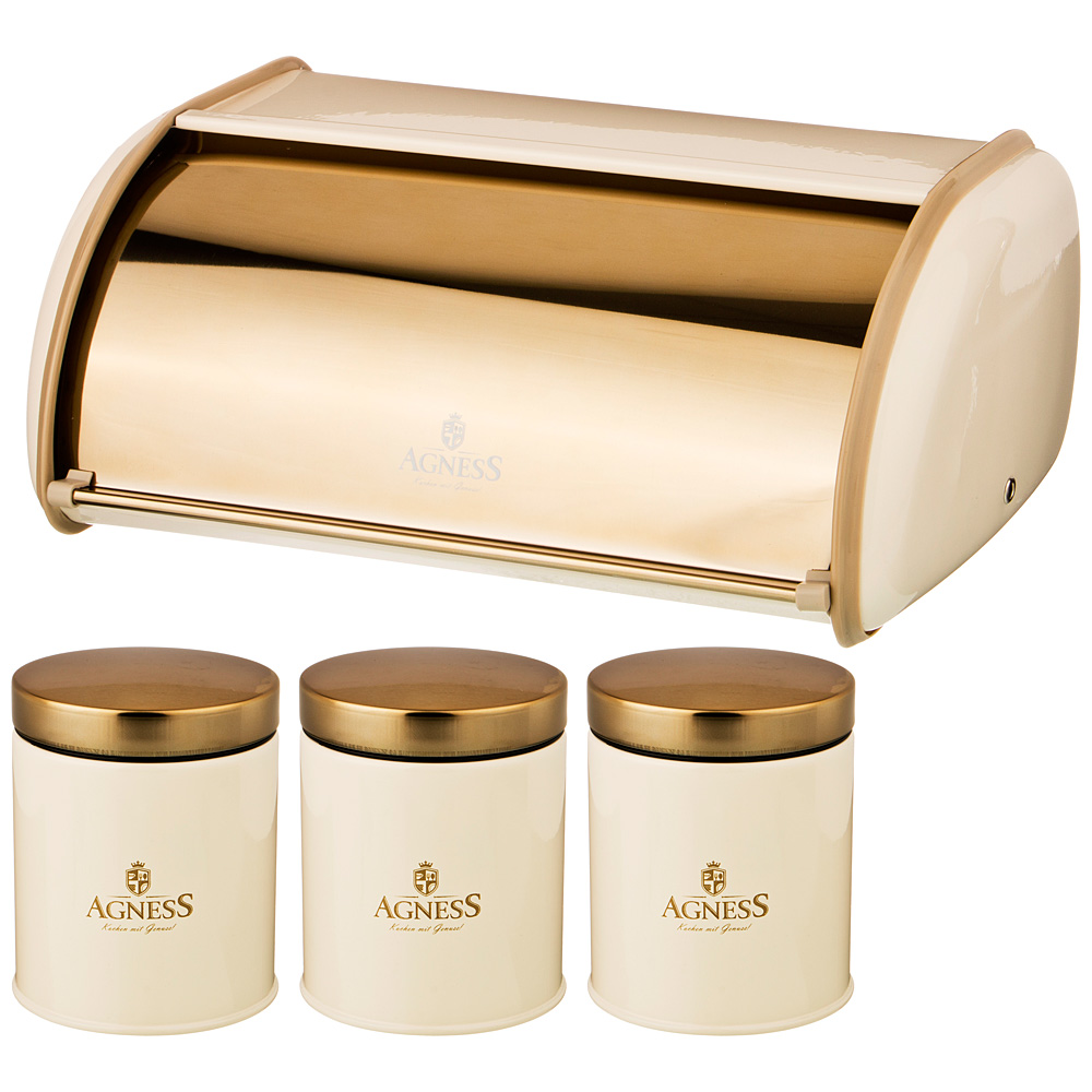 

Agness 938-056 ХЛЕБНИЦА AGNESS ТЮДОР 35,5Х23Х14,5СМ С 3-МЯ БАНК. Д/СЫП. ПРОД. D10СМ, ВЫС12, Золотистый
