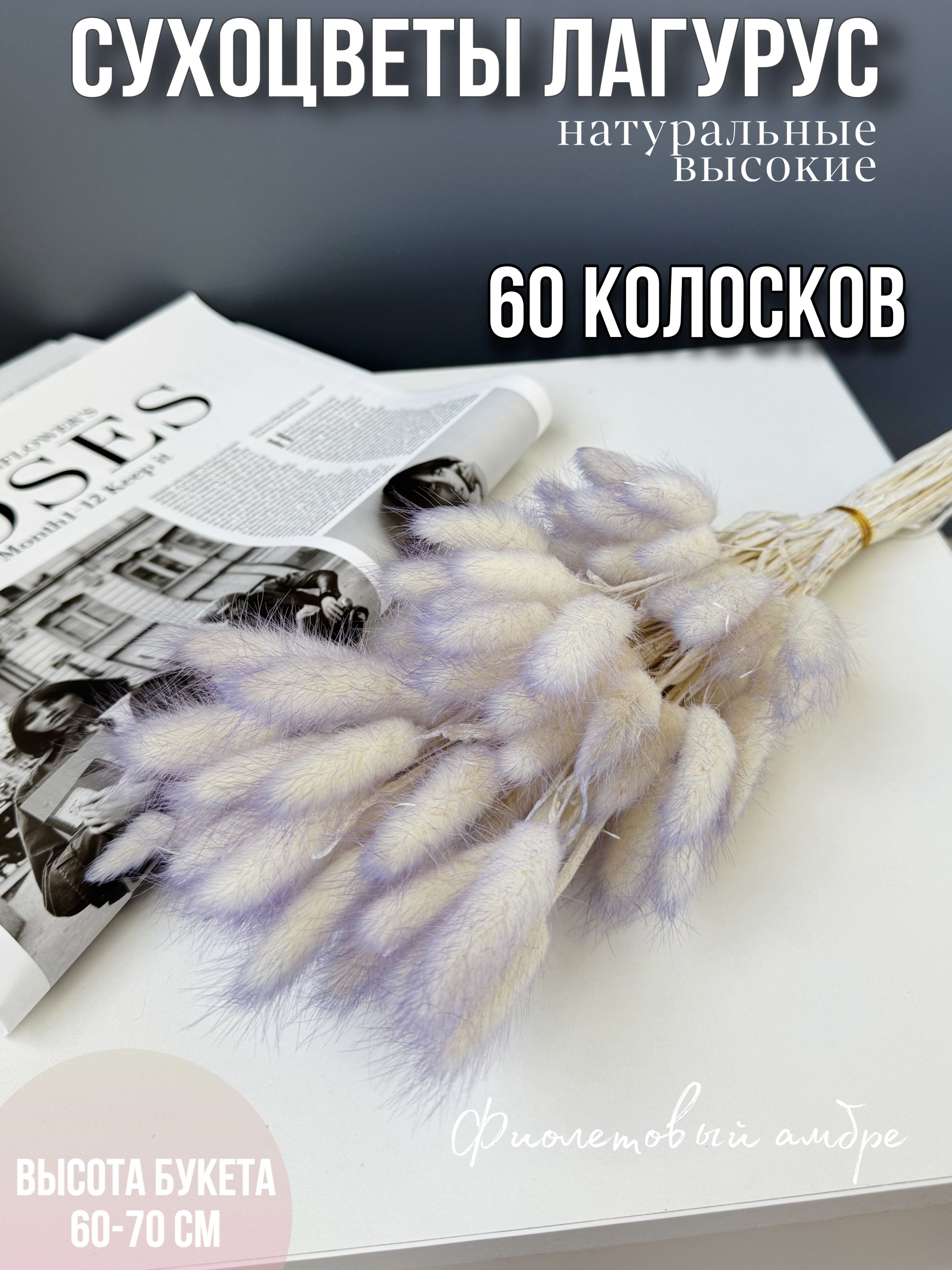 

Сухоцветы для декора и творчества букет лагурус 60шт, Бежевый;фиолетовый, лагурус