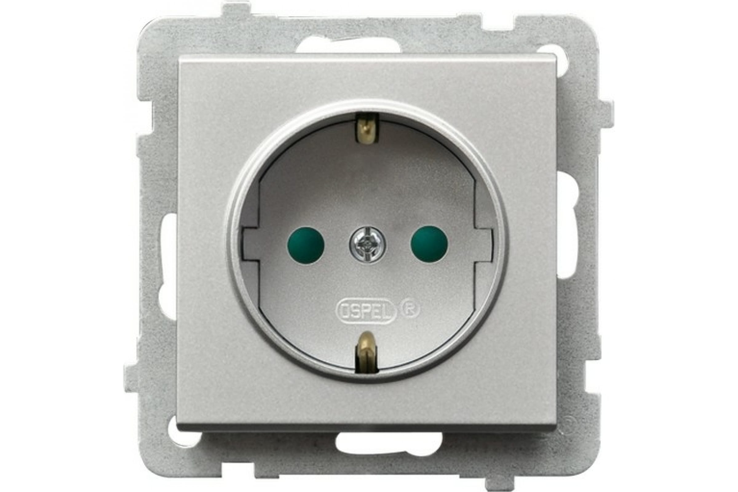 

Ospel Sonata Розетка 1-я с/з Schuko со шторками, без рамки Серебро матовое GP-1RSP/m/38, Серебристый