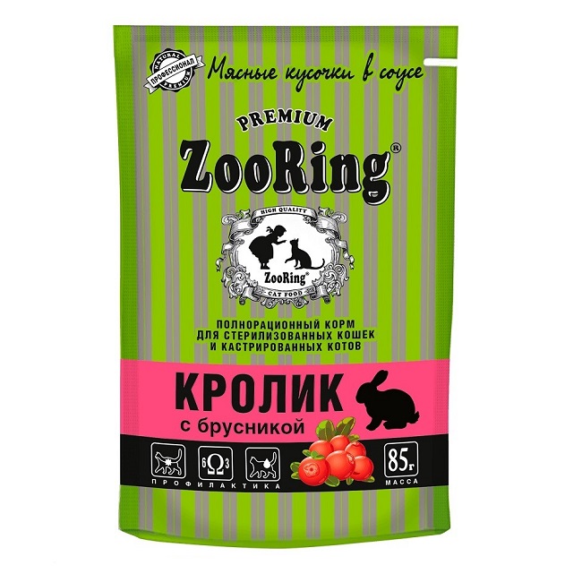 Сочные кусочки в соусе Zooring Кролик брусника для стеризованных кошек, 26 шт по 85 г