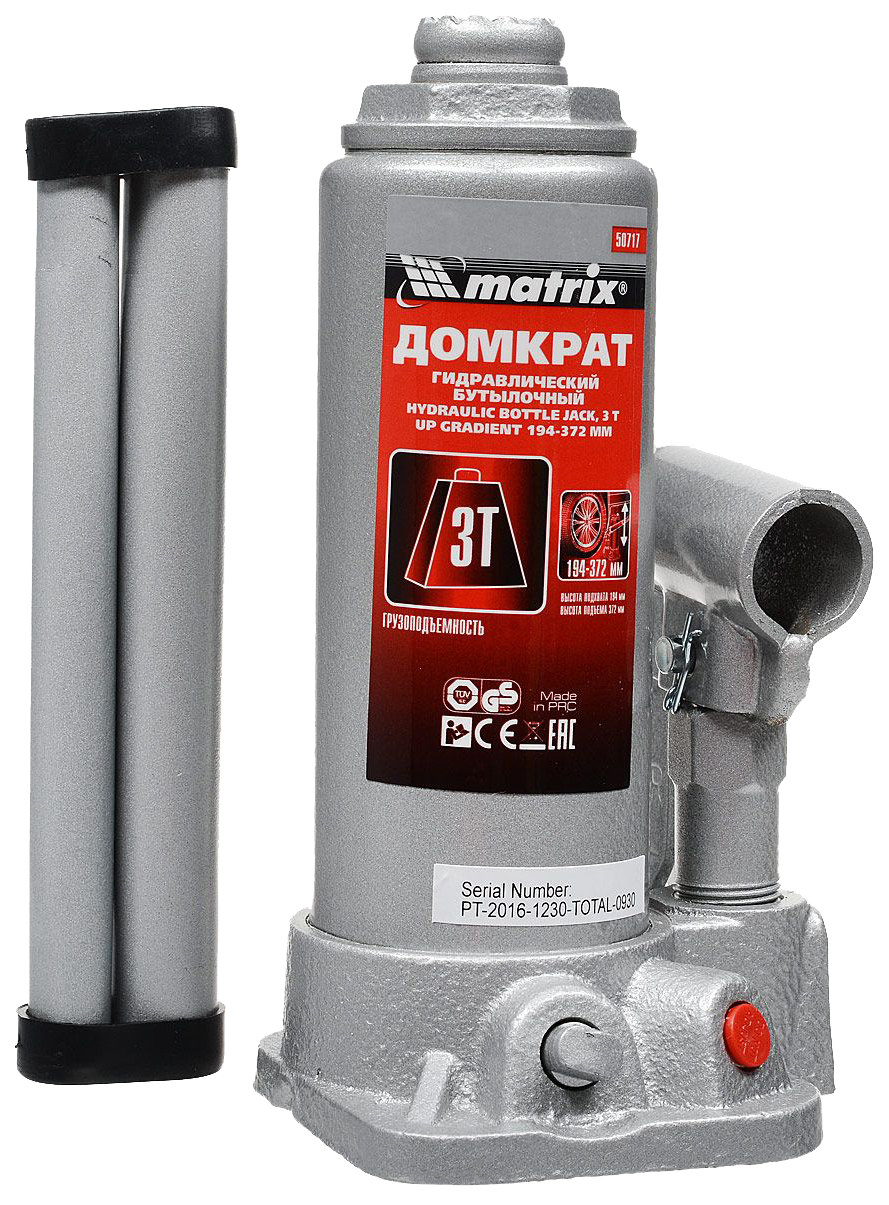 Домкрат MATRIX 50717 гидравлический бутылочный, 3 т, h подъема 194–372 мм