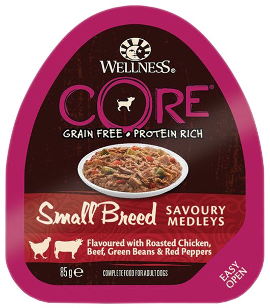 Консервы для собак Wellness CORE, курица и говядина с зеленой фасолью и красным перцем,85г