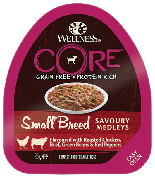 

Консервы для собак Wellness CORE, курица и говядина с зеленой фасолью и красным перцем,85г, курица, говядина, 85 г