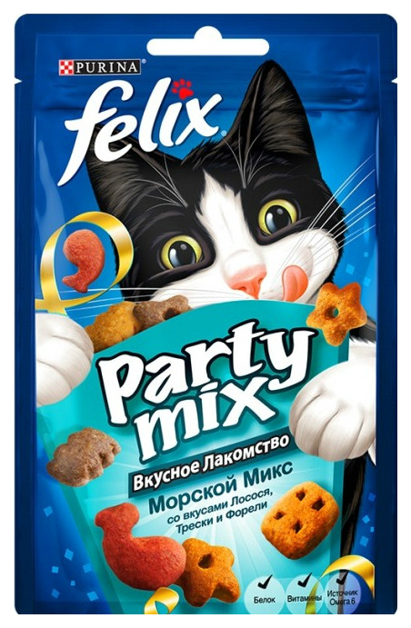 

Лакомство для кошек Felix Party mix Морской Микс фигурки, лосось, треска, форель, 20 г, Party mix Морской Микс