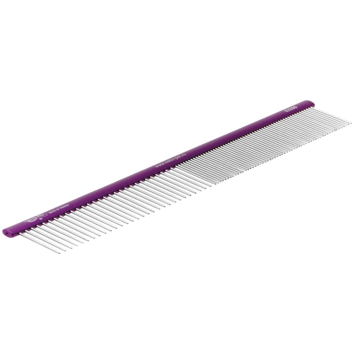 фото Расческа hello pet алюминиевая с овальной фиолетовой ручкой, 30 см, зуб 3,4 см