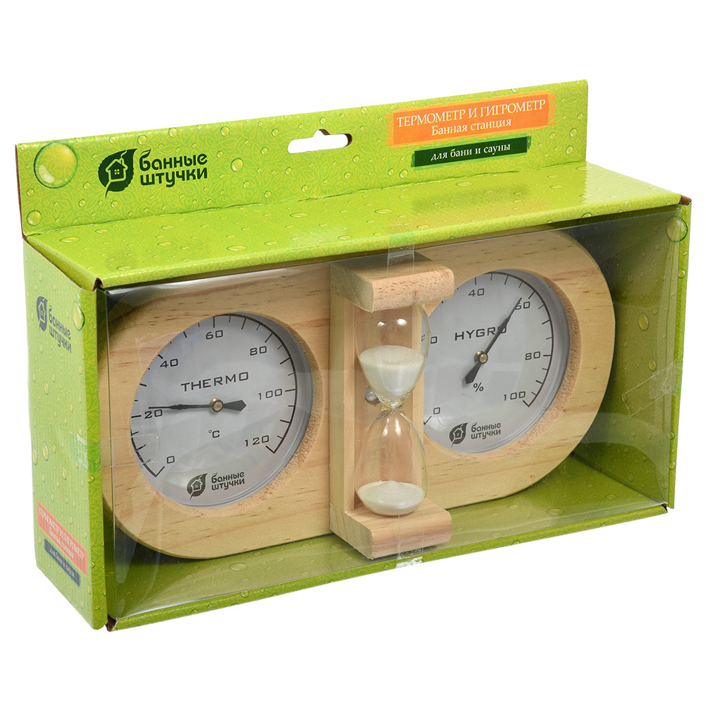 фото Термометр с гигрометром банная станция с песочными часами 27x13,8x7,5 см банные штучки