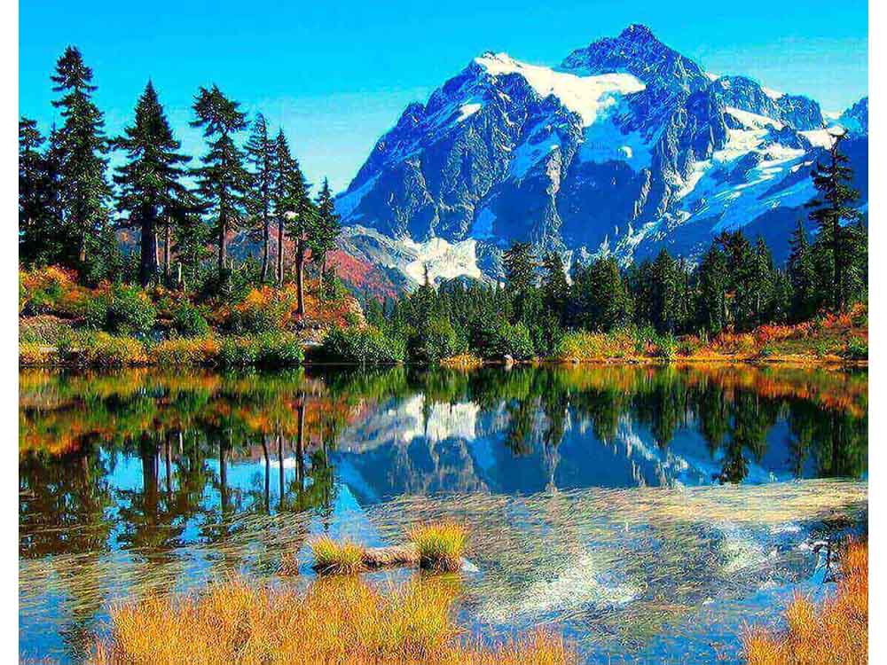 

Алмазная вышивка Цветной Горы в отражении, 40x50 см, Горы в отражении