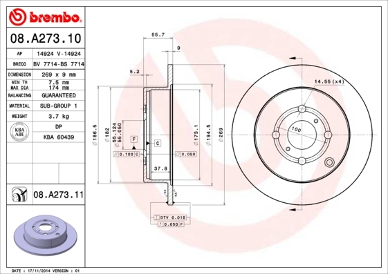 Тормозной диск brembo 08A27311