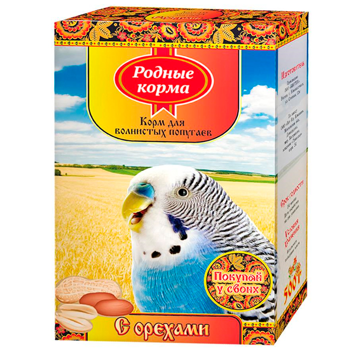 Сухой корм для волнистых попугаев Родные корма с орехами, 500 г
