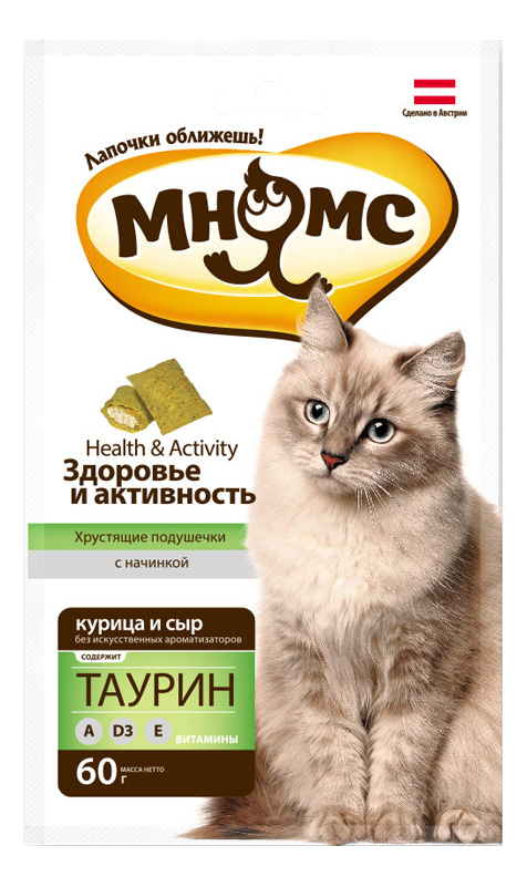 фото Лакомство для кошек мнямс health & activity, хрустящие подушечки, курица, сыр, 60г