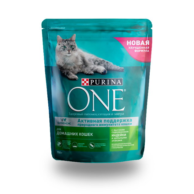 Сухой корм для кошек Purina ONE, для домашних, индейка, 0,75кг