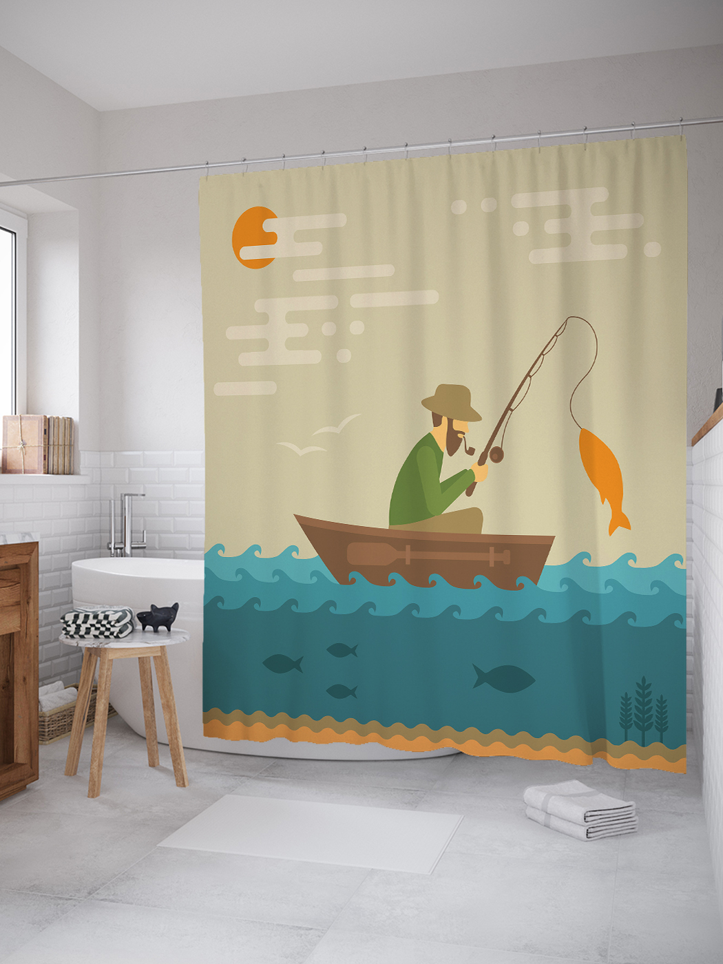 фото Joyarty штора (занавеска) для ванной «успешная рыбалка» из ткани, 180х200 см с крючками