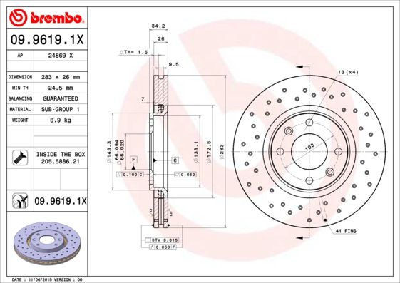 фото Тормозной диск brembo 09.9619.1x