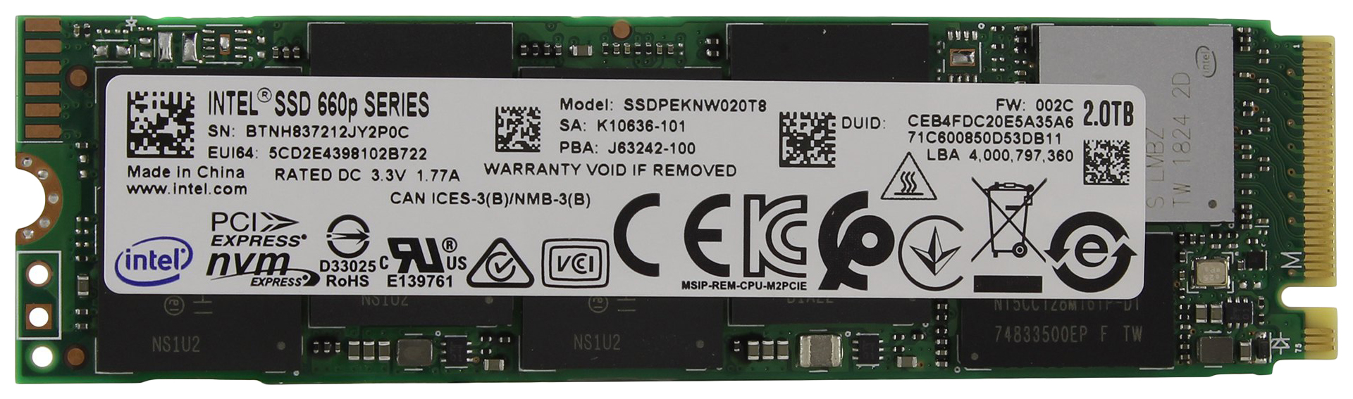 SSD накопитель Intel 600P M.2 2280 2 ТБ (SSDPEKNW020T8X1)