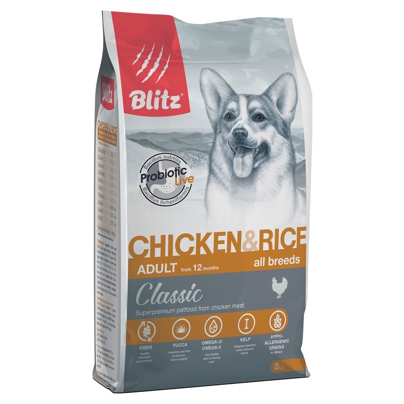 

Сухой корм для собак BLITZ Adult Chicken&Rices, курица и рис, 2кг, Adult Chicken & Rice Classic All Breeds