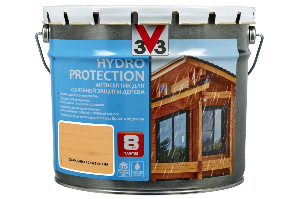 фото V33 hydro protection антисептик для усиленной защиты дерева 9 л, цвет скандинавская сосна