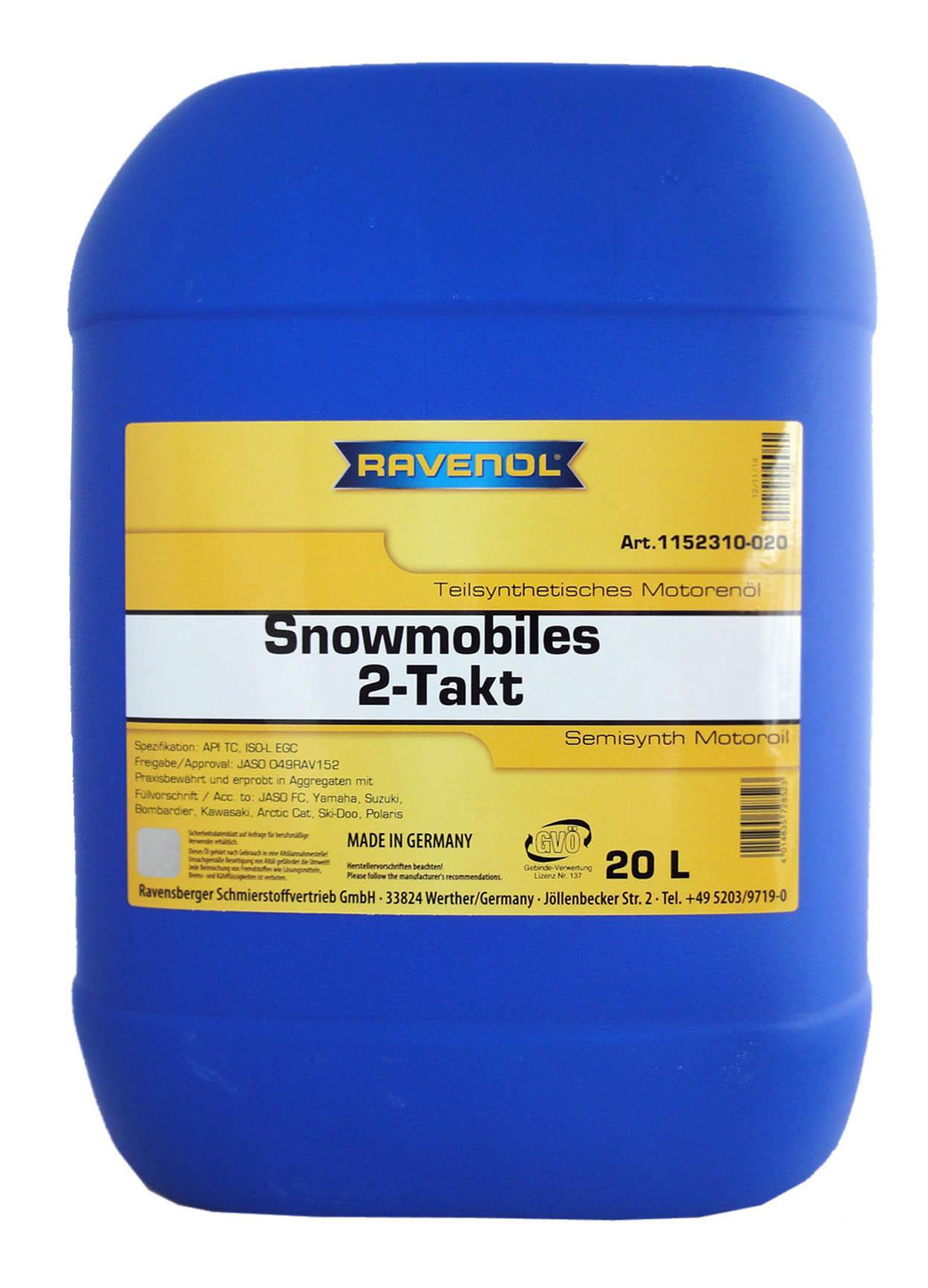 фото Моторное масло ravenol snowmobiles teilsynth 2-takt sae 5w-30 20л