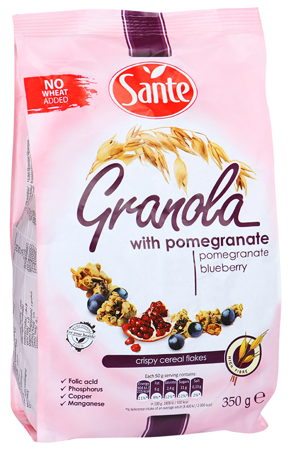 фото Хлопья sante granola хрустящие злаковые с гранатом и черникой 350 г