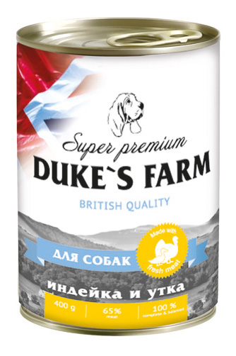 

Консервы для собак DUKE'S FARM, утка, индейка, рис, шпинат, 400г, утка, индейка, 400 г