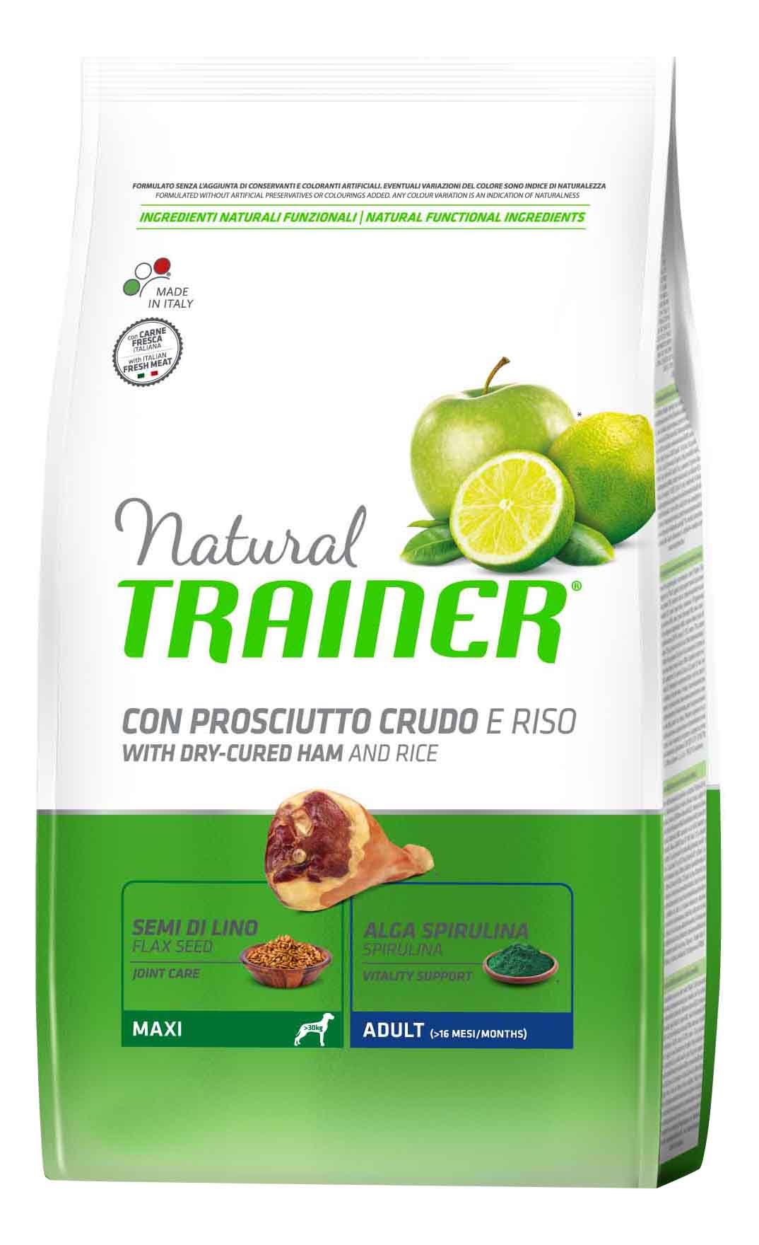 Сухой корм для собак TRAINER Natural Adult Maxi, для крупных пород, ветчина и рис, 12кг