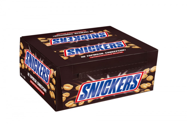 Шоколадный батончик Snickers, Молочный шоколад, Арахис, Шоубокс, 50.5гр * 48шт.