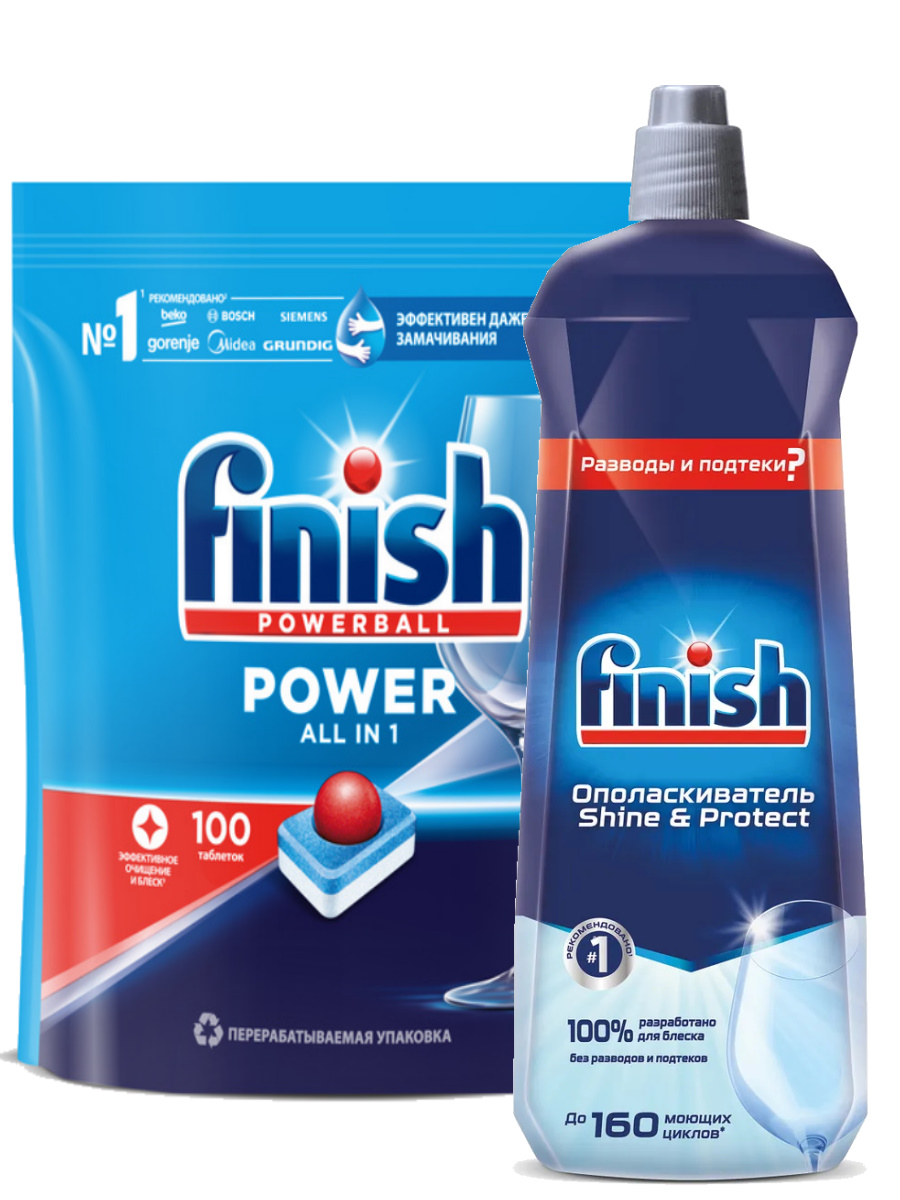 

Набор Finish для Пмм Power All in 1 таблетки 100 шт Shine & Protect Ополаскиватель 800мл, Набор FINISH для ПММ POWER All in 1 таблетки 100 шт/упак. + Shine & Protect Ополаскиватель 800 мл.