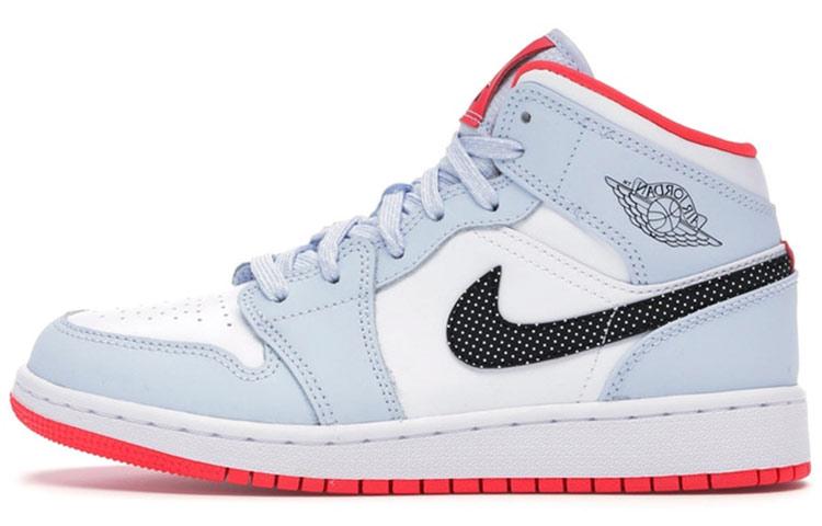 

Кеды унисекс Jordan Air Jordan 1 Mid Half Blue Polka Dot Swoosh GS голубые 37.5 EU, Голубой, Air Jordan 1 Mid Half Blue Polka Dot Swoosh GS