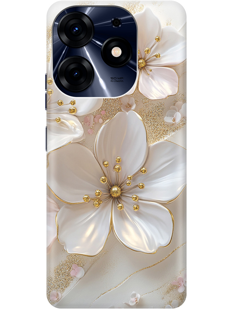 

Силиконовый чехол на Tecno Spark 10 Pro с принтом "Белые фиалки", Прозрачный;белый;золотистый, 768742623