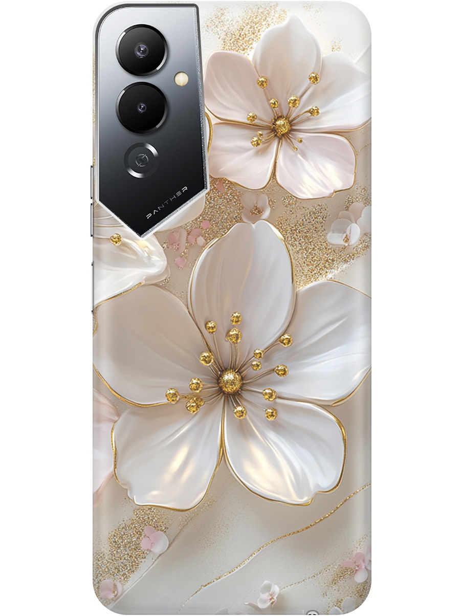 

Силиконовый чехол на Tecno Pova 4 с принтом "Белые фиалки", Прозрачный;белый;золотистый, 762091423