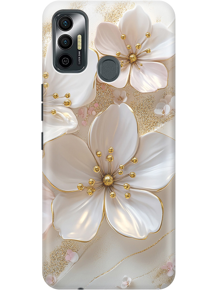 

Силиконовый чехол на Tecno Spark 7 с принтом "Белые фиалки", Прозрачный;белый;золотистый, 741736123