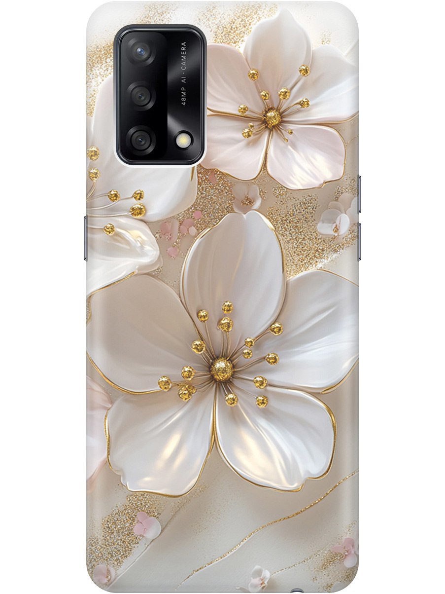 

Силиконовый чехол на OPPO A74 с принтом "Белые фиалки", Прозрачный;белый;золотистый, 726147223