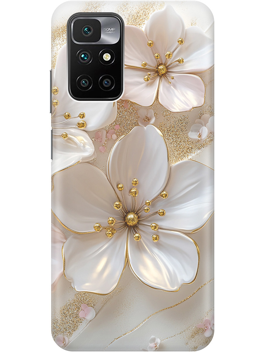 

Силиконовый чехол на Xiaomi Redmi 10 с принтом "Белые фиалки", Прозрачный;белый;золотистый, 731907123