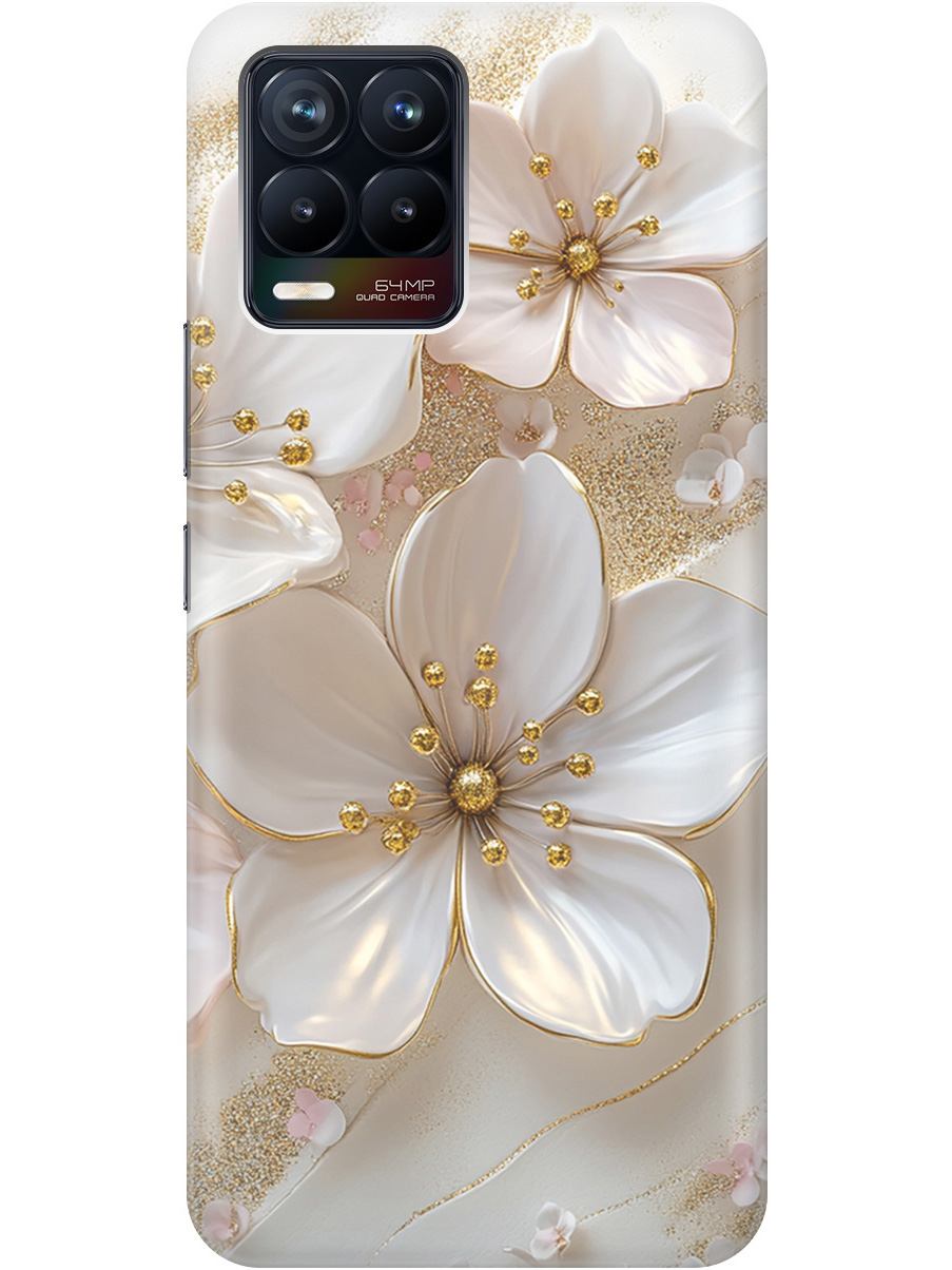 

Силиконовый чехол на Realme 8/8 Pro с принтом "Белые фиалки", Прозрачный;белый;золотистый, 732494023