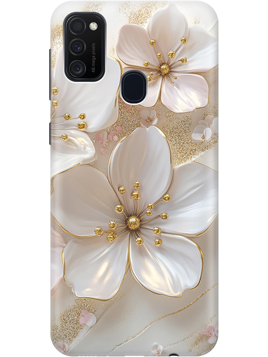 

Силиконовый чехол на Samsung Galaxy M21/M30s с принтом "Белые фиалки", Прозрачный;белый;золотистый, 723067623