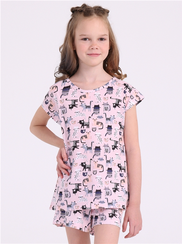Пижама детская Апрель 393дев001нД1, полосатые коты на розовом, 122