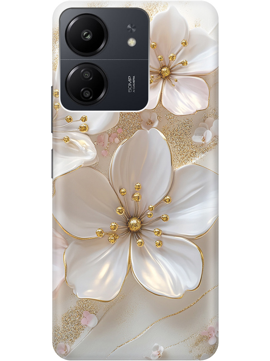 

Силиконовый чехол на Xiaomi Redmi 13C, Poco C65 с принтом "Белые фиалки", Прозрачный;белый;золотистый, 777767723