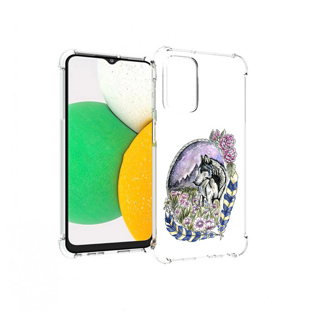 

Чехол MyPads Tocco для Samsung Galaxy A23 нарисованный волк в цветах с перьями, Прозрачный, Tocco