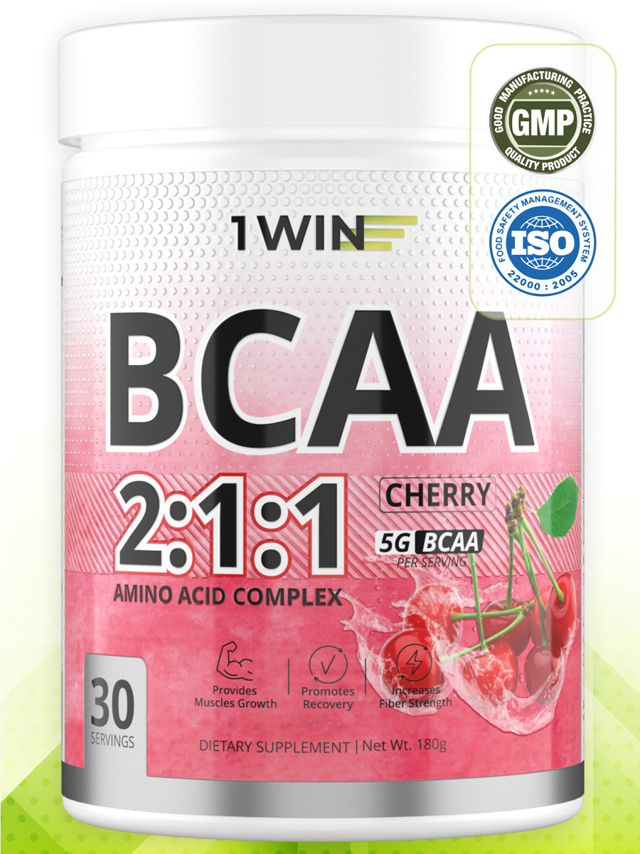 фото Аминокислоты bcaa 2:1:1 (бцаа), быстрорастворимые, со вкусом вишня, 30 порций, 180грамм 1win