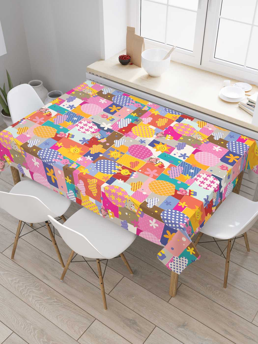фото Скатерть прямоугольная joyarty "зверюшки пэчворк" из сатена, 120x145 см