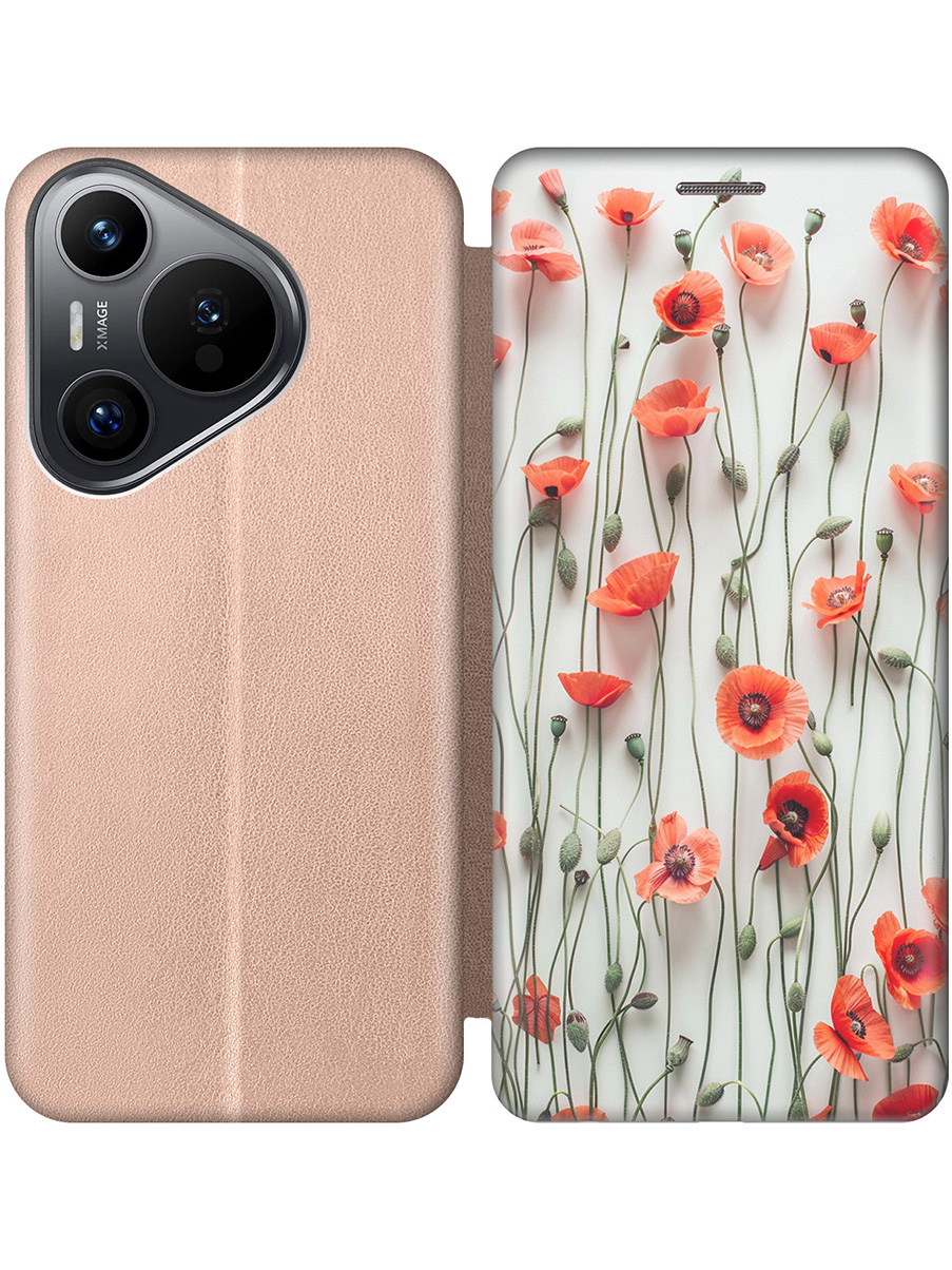 

Чехол-книжка на Huawei Pura 70 с принтом "Маки на белой стене" золотой, Золотистый;белый;красный, 782624622