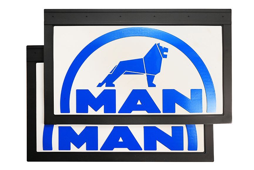 

Комплект брызговиков MAN 600*370 белая основа синяя надпись с полукругом задние